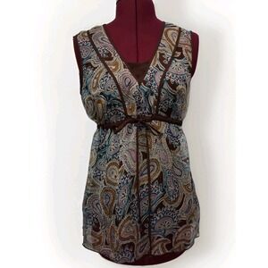 Y2K Cinch Tie Waist Silk Overlay Brown Blue Sleeveless Paisley Babydoll Top Sz S